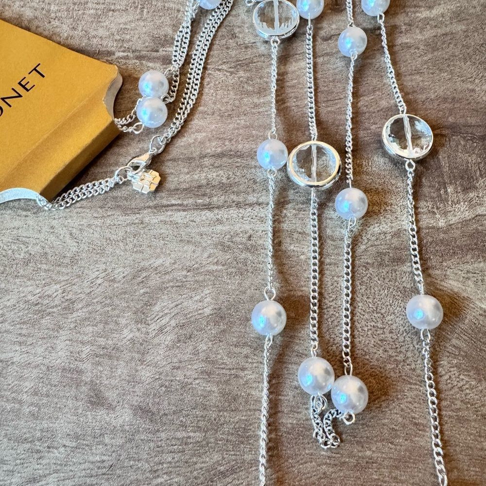 Monet New Silver Tone Chain Necklace Long Clear Faceted Beaded Costume Nwt — image 3 of 7